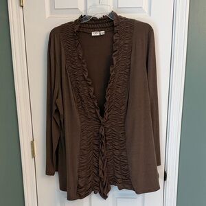 Cato Chocolate Brown Ruffle-Front Open Cardigan